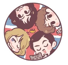 four people are depicted in a circle with the british flag and crown on it's back