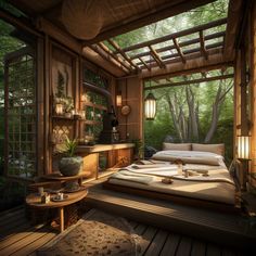 a bedroom with wooden walls and flooring in the middle is lit up by lanterns