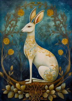 a painting of a white rabbit sitting on top of a tree branch with yellow flowers