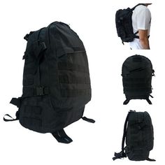 the back pack is black and has multiple compartments