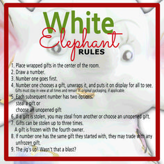 the white elephant rules are in red and green frame with an image of a stuffed animal