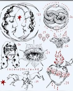 an image of zodiac signs and their meanings in black and red ink on white paper