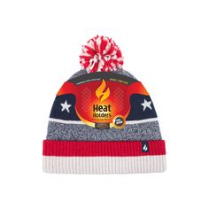 a red, white and blue beanie hat with the heat holders logo on it