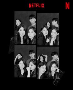 black and white image of people posing for a photo booth with the caption netflix