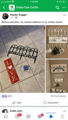 the facebook page for dollar tree crafts shows pictures of coffee station signs and other items