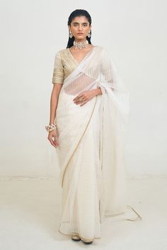 Ivory saree with thread, sequin embroidery in stripe pattern. Paired with half sleeve embroidered padded blouse. - Aza Fashions Black Organza Saree, Pink Organza Saree, Cotton Sarees Handloom, India Trip, Peach Saree, Kalki Fashion, Organza Silk Saree, Latest Indian Saree, Organza Blouse