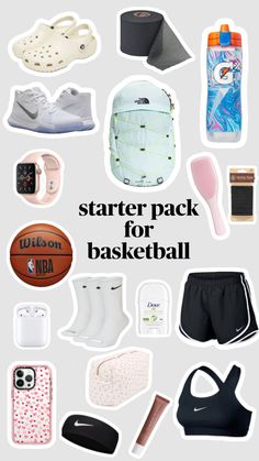 the back side of a basketball bag with various items in it and text that reads, starter pack for basketball