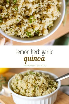 lemon herb garlic quinoa in a white bowl