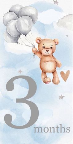 a birthday card with a teddy bear flying in the sky and holding some silver balloons