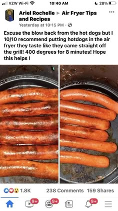 some hot dogs are cooking in an air fryer and then being cooked for dinner