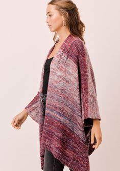 This soft, oversize poncho cardigan in a beautiful space-dye is the perfect sweater to transition to cooler weather. Featuring an oversize, easy silhouette, an open front, and cool open-knit details. A cozy bohemian style that pairs effortlessly with jeans. FINAL SALE Space dyed Oversized, relaxed fit Hip length Side vents Open front Distressed details Model is 5'8, wearing a size S.Style: I-50830K-QRJ Multicolor Open Knit Outerwear For Fall, Oversized Open Knit Poncho For Fall, Bohemian One Size Chunky Knit Cardigan, Oversized Bohemian Knit Sweater Coat, Cozy Multicolor Sweater Coat For Layering, Oversized Bohemian Sweater With Batwing Sleeves, Bohemian One-size Soft Knit Sweater, Casual Pink Poncho For Fall, Oversized Open Knit Bohemian Outerwear