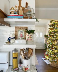 the kitchen is decorated with christmas decorations