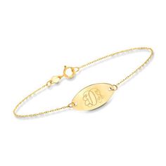 Ross-Simons - Plain - Italian 14kt Yellow Gold Oval Disc Bracelet. 7". A timeless personalized accessory like this bracelet is an essential in any jewelry collection. In glossy 14kt yellow gold, an oval plate sits at the center of a cable chain. May be engraved in block or script type (select from options below). Crafted in Italy. Springring clasp, 14kt yellow gold personalized bracelet. Disc Bracelet, Oval Plates, Natural Gold, Fine Jewelry Bracelets, Dainty Bracelets, Personalized Bracelets, Cable Chain, Chain Styles, Minimalist Fashion