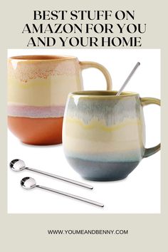 two coffee mugs with spoons in them and the words best stuff on amazon for you