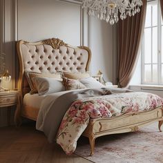 a bedroom with a bed, chandelier and window in the background is shown