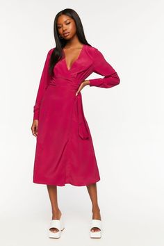 Woven midi dress featuring surplice neckline, pleated bust, long sleeves with buttoned cuffs, cinched waist, wrap design with side self - tie, and - line silhouette. | Shell, Lining, & Other contents: 100% polyester | Hand wash cold | Model is 5'9" and wearing Small | Surplice Long - Sleeve Wrap Midi Dress Line Silhouette, Wrap Midi Dress, Surplice Neckline, Beautiful Clothes, Cinched Waist, Womens Midi Dresses, Curator Style, Beautiful Outfits, 404 Not Found