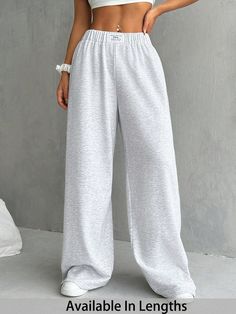 Plus Size Women Loose Casual Sweatpants With Letter Embroidery Light Grey    Knitted Fabric Plain Wide Leg Medium Stretch  Women Plus Clothing, size features are:Bust: ,Length: ,Sleeve Length: Cropped Pants Women, Versatile Outfits, Pantalon Large, Women Pants Casual, Inspiration Mode, Character Outfits