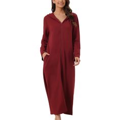 Womens Hoodie Zip Up Closure Pajama Nightshirt Long Sleeve Robe Loungewear with Pocket. This Hoodie Zip Up Nightshirt is the perfect choice for daily wear, or lounging wear at home. Versatile long dress for all occasions! With a loose casual maxi length, zip-up closure, soft fabric, and perfect hoodie design, this robe is everything you need for fully luxurious lounging wear. With a fully zip-up closure, practical pocket, and hoodie design, this nightshirt robe is everything you need for loungin Red Sleepwear For Fall, Solid Color Winter Sleepwear For Lounging, Comfortable Long Sleeve Solid Sleepwear, Comfortable Long Sleeve Sleepwear For Overnight, Fall Sleepwear For Bedtime, Casual Hooded Sleepwear For Fall, Winter Loungewear Sleepwear, Solid Long Sleeve Sleepwear For Loungewear, Comfortable Solid Long Sleeve Sleepwear