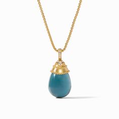 An eyecatching cabochon in a sparkling golden cap accented with brilliant cut CZ details, suspended from a delicate rounded box chain. Julie Vos, Blue Raspberry, Peacock Blue, Gold Pendant Necklace, Box Chain, Ring Necklace, Clear Crystal, Jewelry Care, Gemstone Pendant