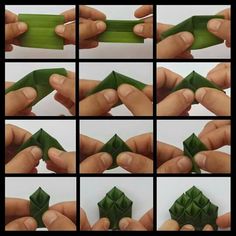 step by step instructions on how to make origami flowers with green stems and leaves