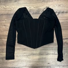 Nwt Kittenish Black Mesh Long Sleeve Corset Top Size Large Fitted Black Crop Top For Evening, Black Fitted Corset For Fall, Black Stretch Corset For Spring, Black Stretch Corset For Night Out, Black Fitted Corset For Night Out, Black Long Sleeve Crop Top For Evening, Elegant Black Corset For Fall, Elegant Black Fall Corset, Black Corset For Night Out In Fall