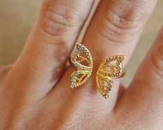 18k gold plated brass Rhodium plated brass adjustable one size fits most Butterfly Ring, Rhodium Plated, Gold Rings, 18k Gold, Gold Plate, Plating, Brass, Ring, Silver