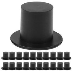 a black top hat with eight small round knobs on the front and six smaller ones behind it