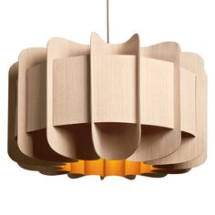 an unusual light fixture made out of plywood and wood, hanging from the ceiling