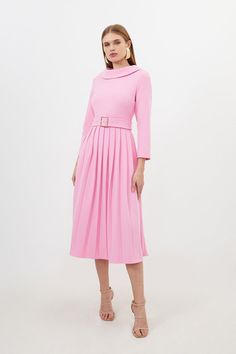 Tailored Structured Crepe Roll Neck Pleated Midi Dress