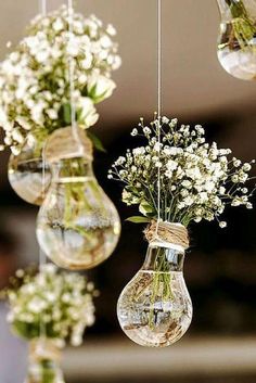 Rustic Baby's Breath Wedding Hanging Decorations with Light Bulbs - If you say i do Colin Cowie Wedding, Rustic Wedding Decorations, نباتات منزلية, Babies Breath, Wedding 2025, Rustic Baby, Cute Wedding Ideas, Wedding Forward, Diy Farmhouse