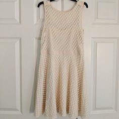 * A Line * Sleeveless * Size: M * Sheer Polka Dot Dress With Cream Colored Liner. * Hits Above The Knee. * 32" Length Shoulder To Hem * 32" Bust * 28" Waist * 96% Polyester, 4% Spandex Summer Cream Stretch Dresses, Beige Sleeveless Stretch Dress, Cream A-line Sleeveless Dress For Spring, Cream Sleeveless Dresses For Day Out, Cream Sleeveless Dress For Spring Party, Chic Sleeveless Cream Dress, Chic Cream Sleeveless Dress, Cream Sleeveless Sundress, Cream Sleeveless Mini Dress For Summer