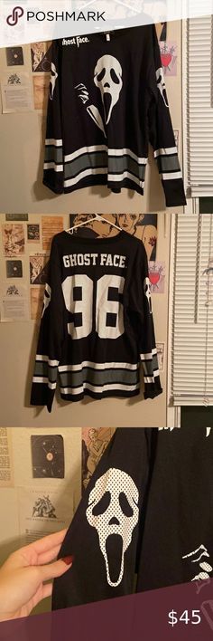 two photos of hockey jerseys hanging on the wall and one has ghost face on it