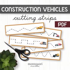 construction vehicles cutting strips with scissors and plant on the side, along with text that reads construction vehicles cutting strips