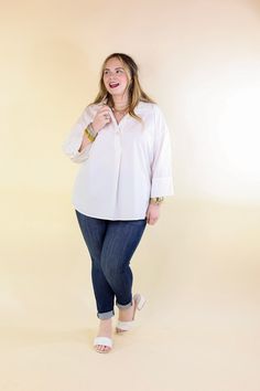 Experience seaside elegance with our "Coastal Breeze" top, where relaxed comfort meets refined style. This chic blouse features a classic collared neckline and breezy 3/4 sleeves, perfect for effortless summer sophistication. Delicate pearl button accents add a touch of timeless charm, making it ideal for both casual outings and dressier occasions. Embrace the essence of coastal living with this versatile wardrobe essential. Model: Kristen is wearing a size small. Abby is wearing a size large. M Chic Everyday Blouse With Collared Neckline, Chic Everyday Blouse With Roll-up Sleeves, Chic Blouse With 3/4 Roll-up Sleeves, Chic Blouse With Roll-up 3/4 Sleeves, Spring Everyday Blouse With Collared Neckline, Everyday Spring Blouse With Collared Neckline, Chic Collared Shirt For Casual Gatherings, Chic Collared Shirt For Casual Wear, Elegant Spring Blouse With Rolled Sleeves