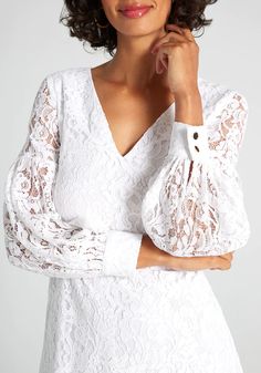 For Love and Lace Mini Dress | ModCloth Modcloth Wedding Dress, Dresses For Apple Shape, Maxi Dress Collection, White Short Dress, Long Wedding Dresses, Short Wedding Dress, Lace Mini Dress, Sheer Sleeves, Lace Overlay