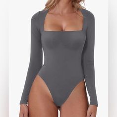 New With Tags! Size : Large Brand : Qinsen Trendy Solid Color One-piece Bodysuit, Fitted Square Neck Bodysuit For Party, Trendy Fitted Gray Bodysuit, Square Neck Bodysuit, Womens Bodysuit, Long Sleeve Bodysuit, Square Neck, New Product, Blonde