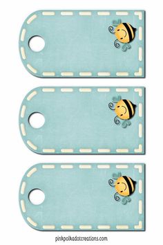 two tags with a cartoon bee on them