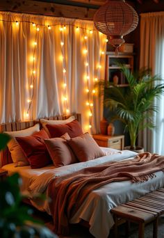 The combination of lights, decorations, and the wooden furniture creates an inviting atmosphere filled with warmth and holiday cheer. Twinkle Light Curtain Bedroom, Warm Boho Bedroom, Light Curtains Bedroom, Bedroom With Fairy Lights, Twinkle Lights Bedroom, 2024 Bedroom, Dreamy Atmosphere, White Bathroom Designs