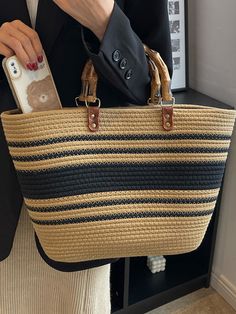 Contrast Color Split-Joint Striped Handbags WHITE-One_size Camping Accesorios, Bamboo Bag, Fabric Tote Bags, Straw Tote Bag, Fashion Tote Bag, Woven Tote Bag, Handmade Handbags, Straw Tote, Women Bags Fashion