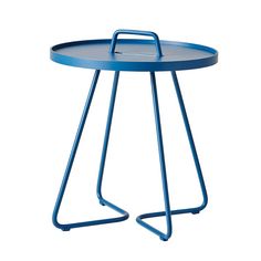 a blue table with a metal frame on the top and bottom, against a white background