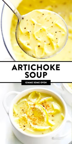 artichoke soup in a white bowl with a spoon