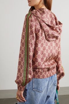 GUCCI Metallic webbing-trimmed printed silk-twill hoodie | NET-A-PORTER Gucci Luxury Crew Neck Sweatshirt, Elegant Gucci Button-up Blouse, Gucci Ready To Wear 2022, Gucci Hoodie Dress, Luxury Gucci Sweatshirt With Logo Detail, Luxury Long Sleeve Sweatshirt With Appliqué Logo, Luxury Gucci Sweatshirt With Logo Print, Gucci Fall 2020 Ready To Wear, Gucci Luxury Sweatshirt With Embroidered Logo