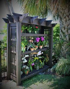 an outdoor garden with potted plants and flowers on the shelf in front of it