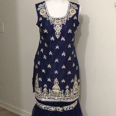 Navy Blue Stone Work Gulu Designer Salwar Kameez Set With Scarf Designer Salwar Kameez, Designer Salwar, Dresses Designer, Salwar Kameez Designs, Stone Work, Salwar Kameez, Blue Stone, Baby Dress, High Low Dress