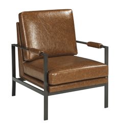 a brown leather chair sitting on top of a metal frame with an armrest and foot rest