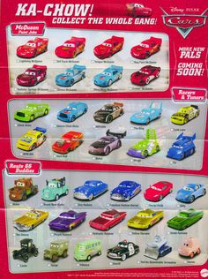 the cars are all different colors and sizes in this toy display case with instructions to make them look like they're from disney pixama