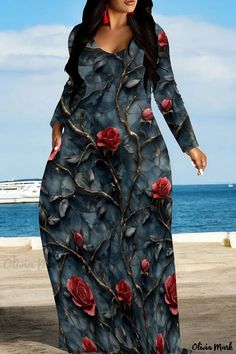 Olivia Mark - V-Neck Floral Print Maxi Dress for a Chic and Easy Look Fitted Maxi Dress, Grey Maxi Dress, Maxi Gown, 21st Dresses, Floral Print Maxi Dress, Floral Print Maxi, Maxi Gowns, Long Sleeve Maxi, Long Dresses