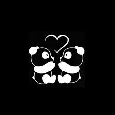 two pandas in love on a black background with a heart shaped sticker next to them