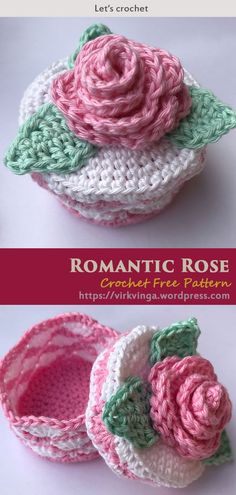 two crocheted baskets with flowers on them, one is pink and the other is green