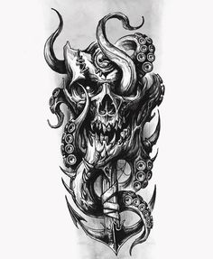 an octopus and skull tattoo design on the back of a man's arm,